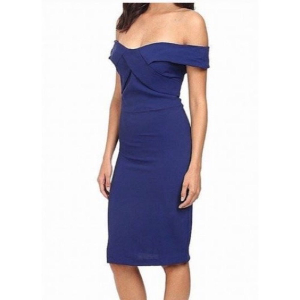 Eva Franco navy off shoulder cocktail dress